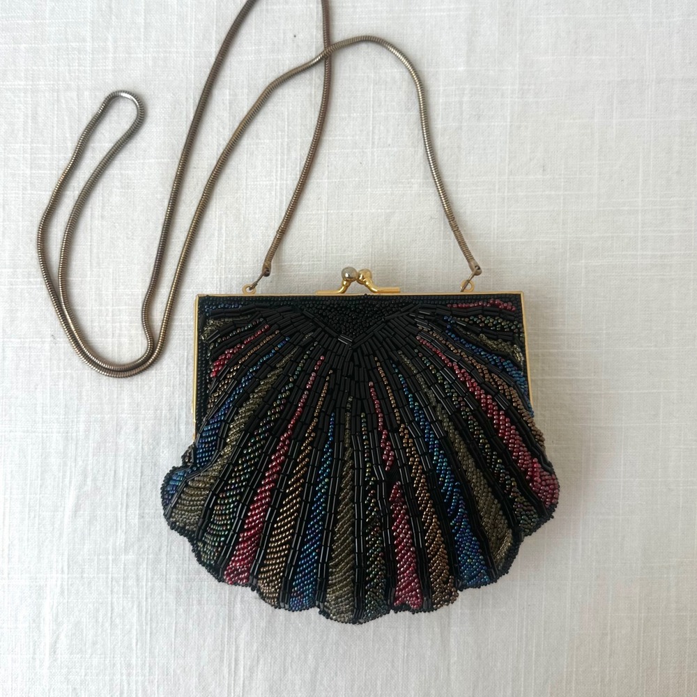 Andre Cellini Vintage Beaded Shell Clutch Black Multi Evening Bag Kiss Lock